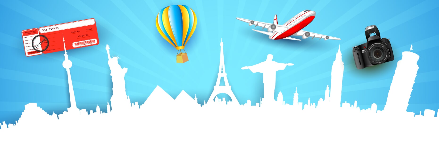 Travel illustration with world landmarks, airplane and hot-air balloon